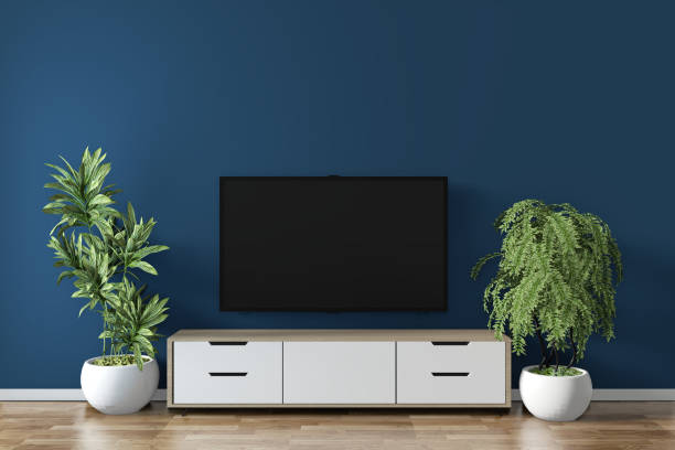 cabinet mock up on room dark blue on floor wooden minimal design.3D rendering