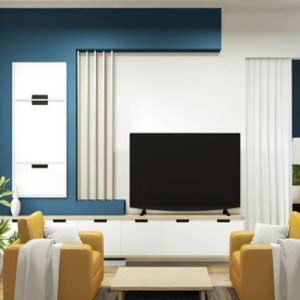 cabinet mock up on room dark blue on floor wooden minimal design.3D rendering