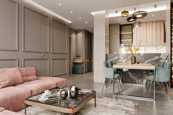 Dining room interior with kitchen bar counter. Modern shelf with LED lights. Renders