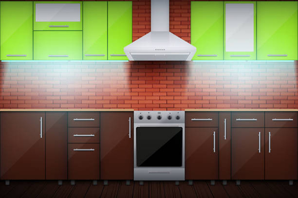 Typical modular kitchen with led light. Brick wall and cabinets with kitchen hoods. Sample of domestic architecture. Vector Illustration